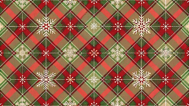 Traditional christmas plaid pattern with snowflakes, featuring red, green, and gold colors, creating a festive and cozy holiday textile design