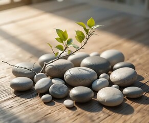 Minimalist Zen Stone and Leaf Still Life on Wooden Platform with Soft Natural Shadows