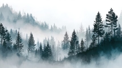 Ethereal Forest Landscape Painting with Foggy Atmosphere and Evergreen Trees in Blue and White Hues Artistic View