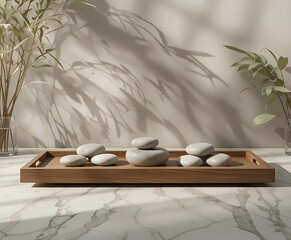 Minimalist Zen Stone and Leaf Still Life on Wooden Platform with Soft Natural Shadows