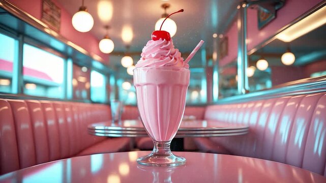 Delicious pink strawberry milkshake with whipped cream and cherry served in retro diner interior with vintage booth seating and bright lights