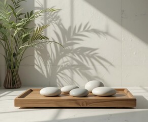 Minimalist Zen Stone and Leaf Still Life on Wooden Platform with Soft Natural Shadows