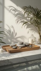 Minimalist Zen Stone and Leaf Still Life on Wooden Platform with Soft Natural Shadows