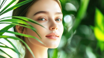 Fototapeta premium A woman with long hair, wearing a white top, standing in front of a green plant with large leaves. The background is blurred, focusing on the woman's face and the plant.