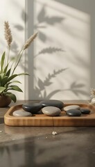 Minimalist Zen Stone and Leaf Still Life on Wooden Platform with Soft Natural Shadows