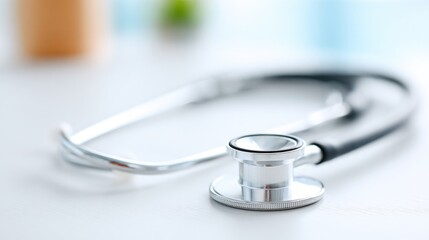 Shiny stethoscope resting on clean surface, symbolizing healthca