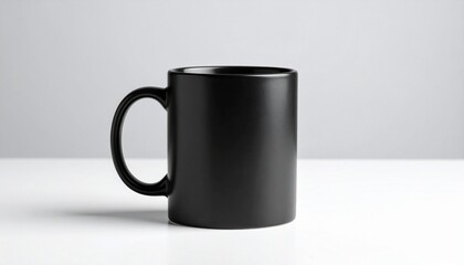 Obraz premium Black ceramic mug with handle on left side, placed on white surface with plain white background, minimal and modern