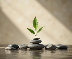 Minimalist Zen Stone and Leaf Still Life on Wooden Platform with Soft Natural Shadows
