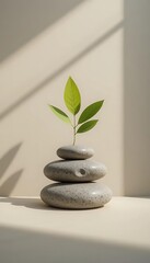 Minimalist Zen Stone and Leaf Still Life on Wooden Platform with Soft Natural Shadows