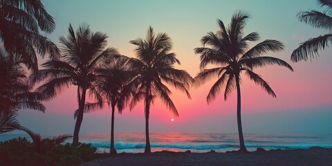 Serene Sunset Over Calm Sea with Silhouetted Palm Trees, Vibrant Sky Blending Orange and Pink Hues, Perfect Tropical Scenic Beauty