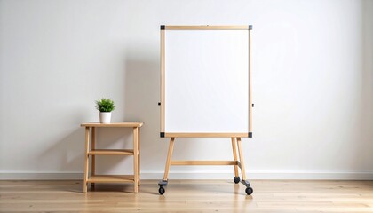 Minimalist room with whiteboard on wooden stand, tiered shelf with potted plants, large floor plant, light wood flooring and plain white wall