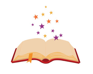 Vector open book with flying stars