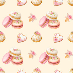 Pink Floral Macarons and Sweets Seamless Pattern