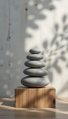 Minimalist Zen Stone and Leaf Still Life on Wooden Platform with Soft Natural Shadows