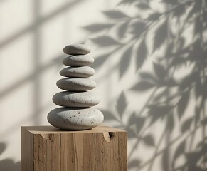 Minimalist Zen Stone and Leaf Still Life on Wooden Platform with Soft Natural Shadows