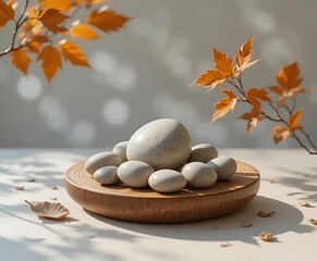 Minimalist Zen Stone and Leaf Still Life on Wooden Platform with Soft Natural Shadows