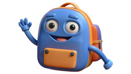 Cartoon backpack character waving with a smile