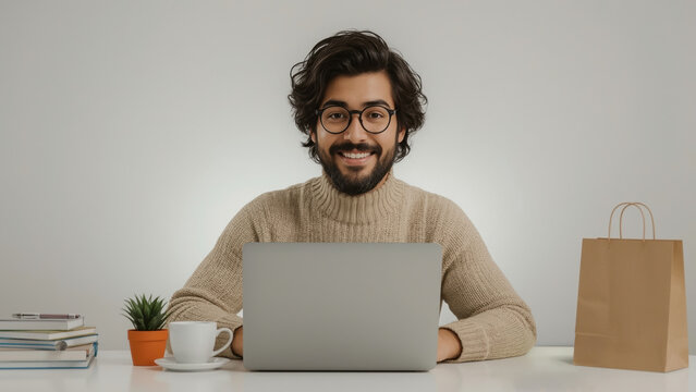 Smiling man with glasses working on a laptop at a desk with books, coffee, and a paper bag in a minimalist setting