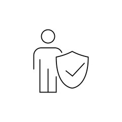 Man with shield line icon. Safety concept