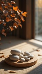 Minimalist Zen Stone and Leaf Still Life on Wooden Platform with Soft Natural Shadows