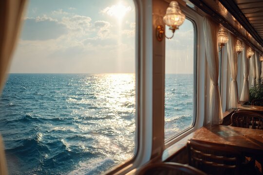 Ocean view from a ship's dining area.  Sunlight streams through large windows onto a calm ocean.  Cream colored curtains frame the view.  Warm, golden light