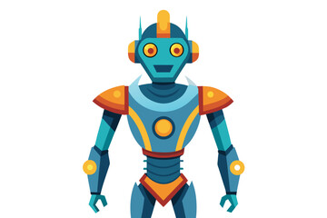 Detailed Cartoon Illustration of a futuristic Cybernetic Superhero or Robot with a sleek and formidable design aesthetic on a white background