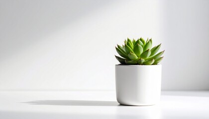 Small green succulent in white pot on white surface with soft shadow and rosette leaf pattern