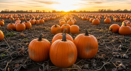 Field of Pumpkins at Sunset  Autumn Harvest Scene with Orange Gourds and Warm Golden Light for Fall Decor