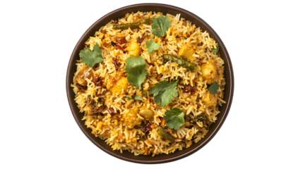 Delicious Paneer Biryani Bowl Overhead View Authentic Indian Cuisine Rice Dish with Cilantro Garnish Isolated