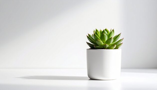 Small green succulent in white pot on white surface with soft shadow and rosette leaf pattern