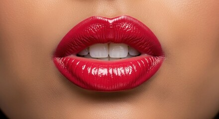 Obraz premium Close-up of glossy red lips with teeth showing in a puckered kiss gesture for beauty advertising. white background