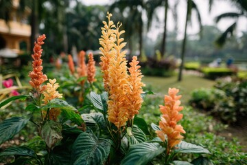 Orange Shrimp Plant Blossoms in Tropical Garden Setting Eye-Level Shot in Goa India Exotic Flora