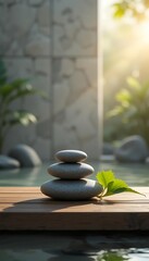 Minimalist Zen Stone and Leaf Still Life on Wooden Platform with Soft Natural Shadows