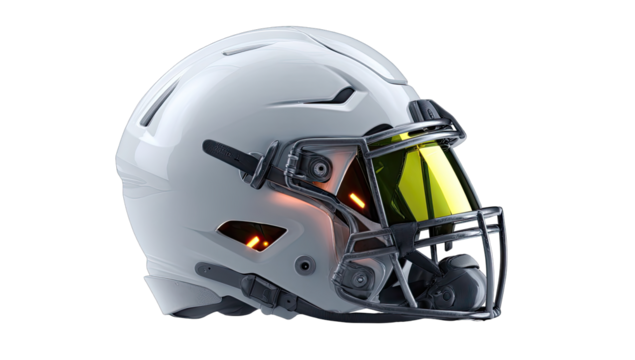 Side view of a modern football helmet.  Glossy white shell