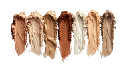 Swatches of various foundation shades, arranged horizontally.  Different skin tones represented.  Creamy textures visible