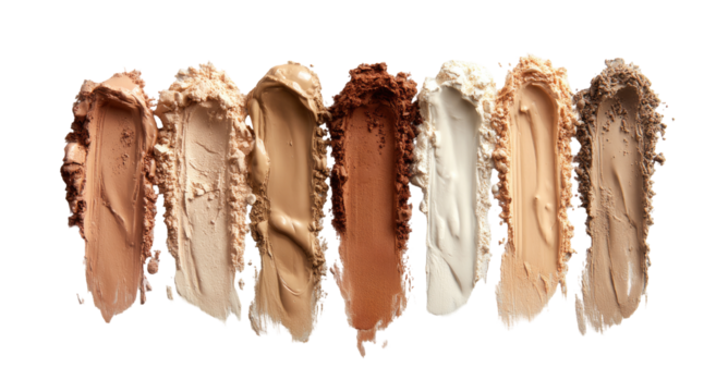 Swatches of various foundation shades, arranged horizontally.  Different skin tones represented.  Creamy textures visible