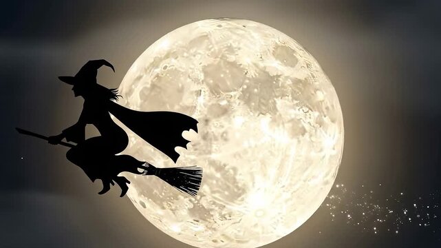 Silhouette of a witch flying on a broomstick against a large, luminous full moon at night.