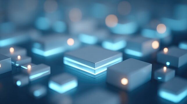 Glowing blue shapes create futuristic atmosphere, emphasizing te