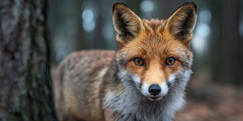 Fototapeta premium Close-Up of a Fox in a Dense Forest Setting with a Soft Focus on Its Striking Features and Warm Fur Textures under Natural Light Conditions