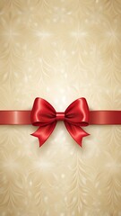 Elegant red satin ribbon bow on a textured beige background with ornate patterns, perfect for holiday gift wrapping