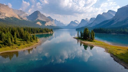 Fototapeta premium Majestic Serenity: An aerial view captures a tranquil lake nestled amid towering mountain ranges, offering a breathtaking panorama of nature's beauty.