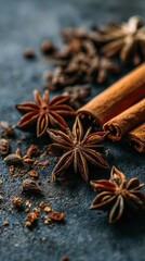 Close-up of assorted spices on dark surface