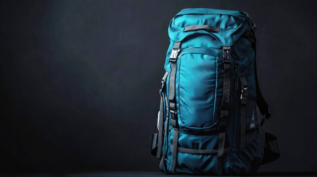 A blue and black backpack against a dark background. The bag features a spacious front pocket and multiple straps for carrying. The design suggests it is suitable for outdoor activities or travel.