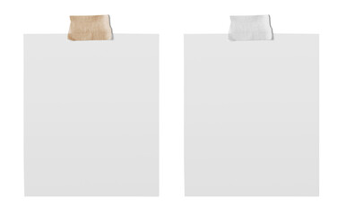 Empty note paper mockup, Message reminder card template isolated in transparent PNG, White paper with grunge ripped brown and white adhesive tape, Business office object - isolated design element
