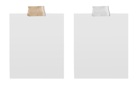 Empty note paper mockup, Message reminder card template isolated in transparent PNG, White paper with grunge ripped brown and white adhesive tape, Business office object - isolated design element