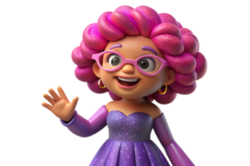 Cartoon woman with pink hair waving her hand hello