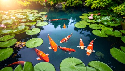 Vibrant koi fish gracefully swim amidst a serene pond filled with lush lily pads and gentle sunlight.