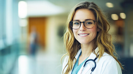 A female doctor in a white coat and stethoscope, standing in a hospital corridor.