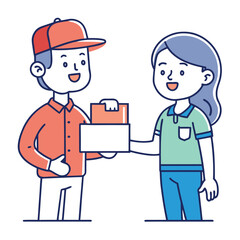 Delivery Service Cartoon Illustration A Cheerful Courier Handing Package to Customer A Seamless Transaction and Customer Satisfaction Cartoon