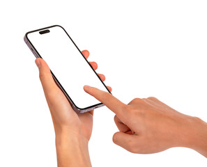 Hands using a smartphone with blank customizable screen isolated on transparent PNG.	